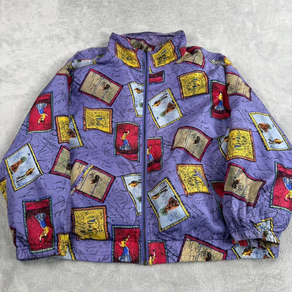 Vintage 90s Silk Bomber Jacket XL Purple Mens Abstract Print Art Streetwear